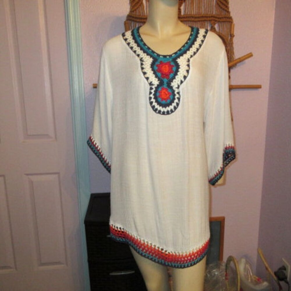 Crinkle Gauze Boho Blouse Top Size XL Sheer Tunic Crochet Beach Hippie Resort